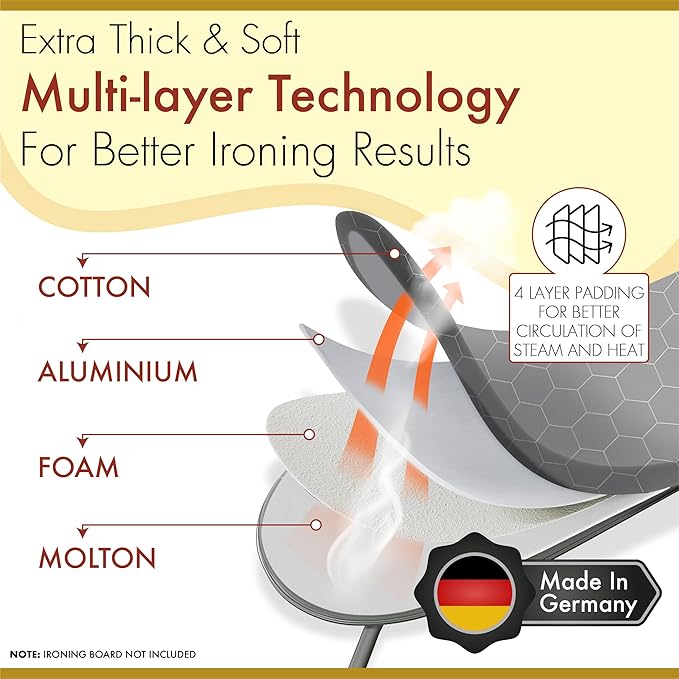 Ironing Board Cover and Pad 15x54 - Made in Germany Iron Board Cover with Heat Reflective Aluminum Coating and Padding- Heavy Duty Iron Board Cotton Cover with Elastic Drawstring Stretch Fit