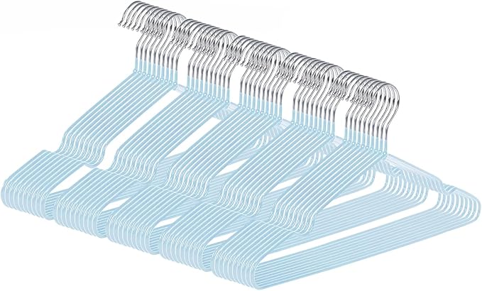 Ultra-Thin Metal Hangers, 50 Pack Non-Slip PVC Coated Space Saving Clothes Hangers for Closet, 16 inch Wide for Suits, Dresses, Jackets（Blue）