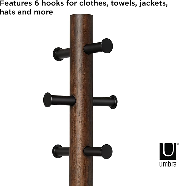 Umbra Pillar Coat Rack, Stool, Clothing Organizer, Umbrella Holder and Hat Organizer, Great for Entryway, Black/Walnut