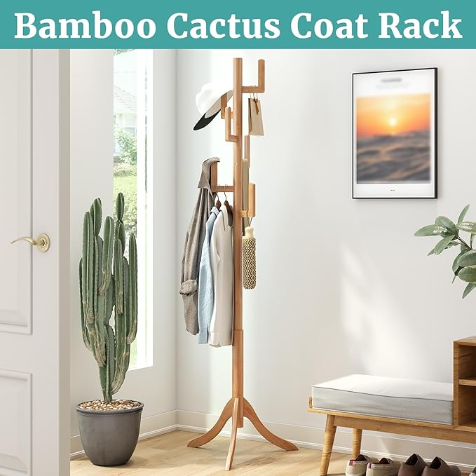 Coat Rack Freestanding, Bamboo Cactus Coat Tree, Adjustable Height Wooden Coat Stand with 6 Hooks, kids coat rack, Used In The Bedroom Living Room, Office To Hang Clothes, Hats, Bags