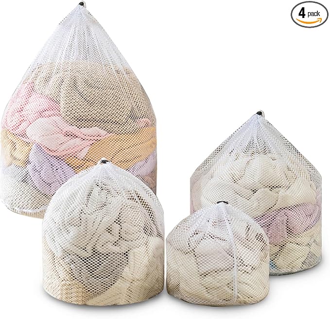 4 pcs Commercial Mesh Laundry Bag - Sturdy Mesh Material with Drawstring Closure. Ideal Machine Washable Laundry Bag for Factories, College, Dorm and Apartment Dwellers(4Set-M,L,XL,XXL)