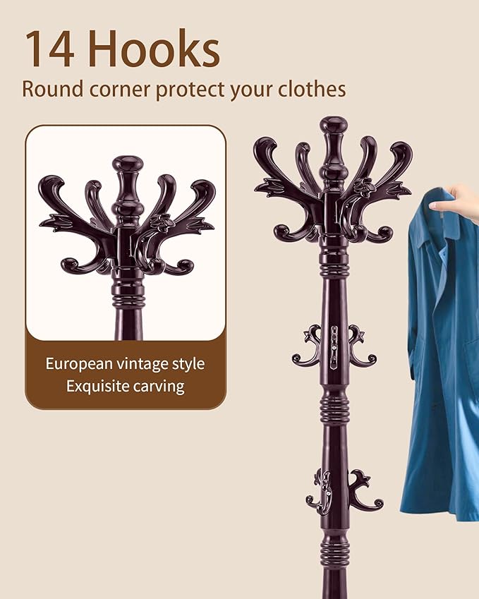 Wooden Coat Rack Stand, Solid Wood Freestanding Coat Rack, Vintage Coat Racks with 14 Hooks & Triangle Base, Heavy Duty Standing Coat Hanger Jacket Tree Stand for Office, Entryway, Hallway
