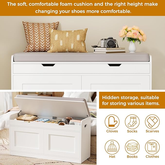 2-Tier Storage Bench, 39.4" Wide Shoe Bench with Lift-Up Top, Shoe Storage Bench with Cushion, Shoe Cabinet with Handleless Doors and Adjustable Shelf for Entryway, Bedroom, White KHD02W
