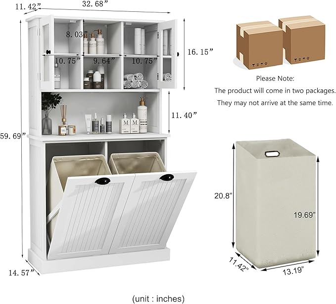 Tall Tilt-Out Double Doors Laundry Cabinet Hamper, Large Pull Out Laundry Room Storage Cabinets, Bathroom Cabinet with Hidden Laundry Hamper & Glass Doors, White,13 * 2 Gallons