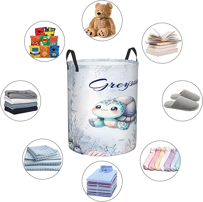 Personalized Turtle Laundry Basket For Baby Kids Boys Girls Adult Custom Hamper Basket With Name For Bathroom Bedrooms Collapsible Baby Laundry Basket, Dirty Clothes Hamper With Handles