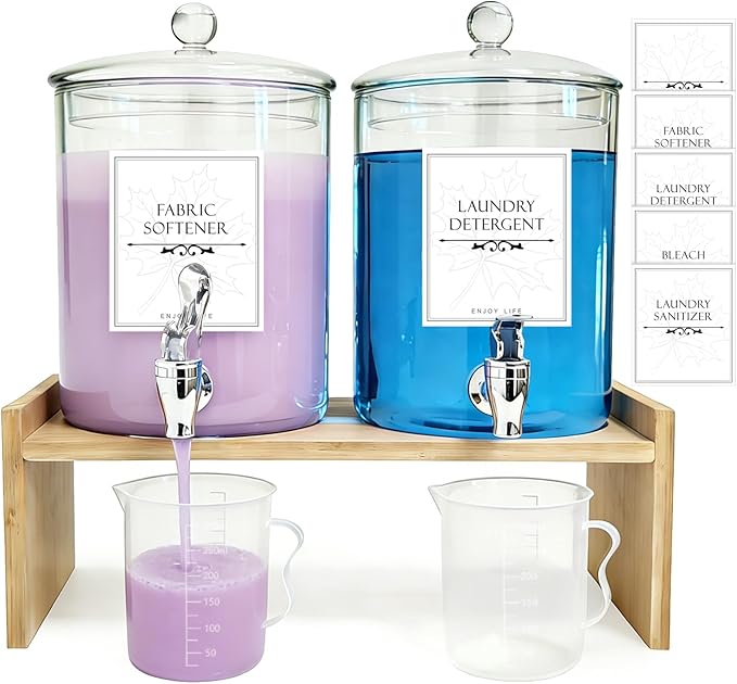 Glass Laundry Detergent Dispenser 2 Pack Soap Cloth Softener Dispenser with Bamboo Stand Measuring Cup Spigots Label Laundry Room Bathroom Countertop Glass Dispenser Set for Fabric Care Large Capacity
