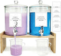 Glass Laundry Detergent Dispenser 2 Pack Soap Cloth Softener Dispenser with Bamboo Stand Measuring Cup Spigots Label Laundry Room Bathroom Countertop Glass Dispenser Set for Fabric Care Large Capacity