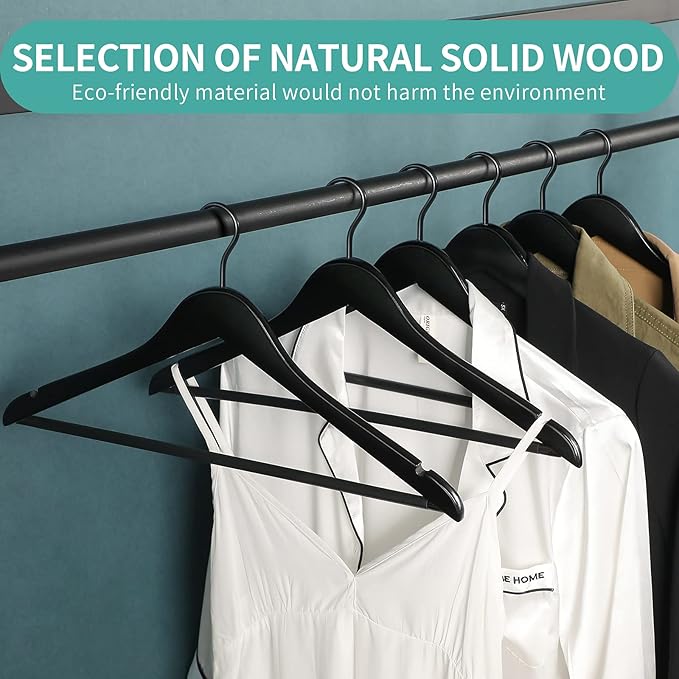 20 Pack Wooden Hangers — Premium Solid Wood Suit & Coat Hangers with Non-Slip Pants Bar, Silent Coated Hooks, 360° Swivel for Closet Organization (Black)