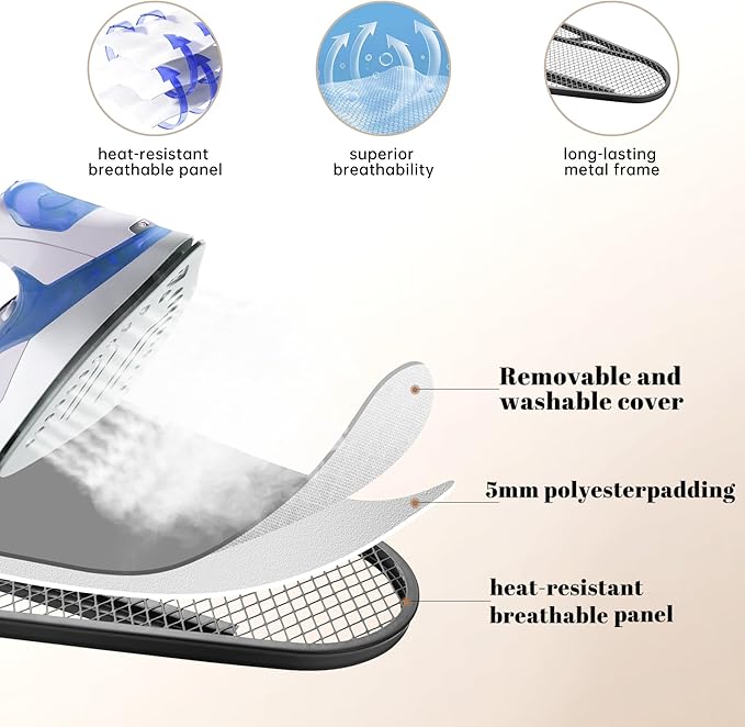 Ironing Board, Compact and Space Saver,Size 13 x 43, Metal Construction Ironing Boards with Extra Thick Heavy Duty Padded, Stable Structure,Skid Feet, Premium Iron Board (Grey)
