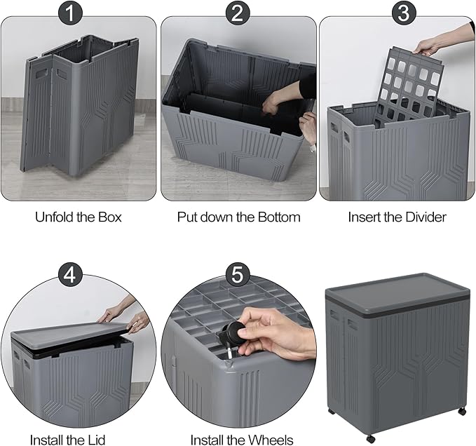 120 L Collapsible 2 Section Laundry Hamper, Plastic Rolling Laundry Basket 2 Section with Lid, Gray