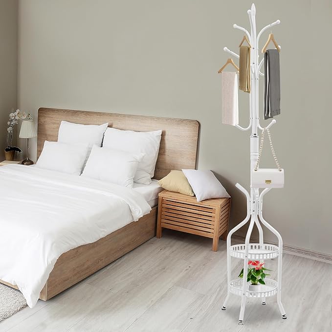 Metal Coat Rack Stand Freestanding Hat Hall Tree Clothes Rack Holder Modern Clothing Garment Hanger Stand with Double Layer Storage Basket and Hooks for Hanging Scarf Bag for Entryway Bedroom (White)