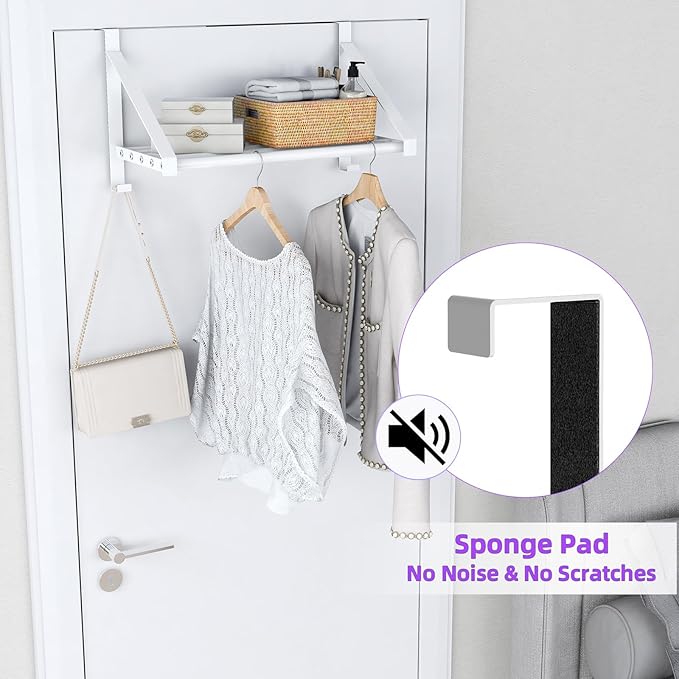 Over The Door Clothes Hanger with 2 Hooks, Stainless Steel Over The Door Hangers for Clothes with Storage Rack, Clothing Hanger Drying Racks for Laundry, Washroom, Fits Door Up to 1.77", White