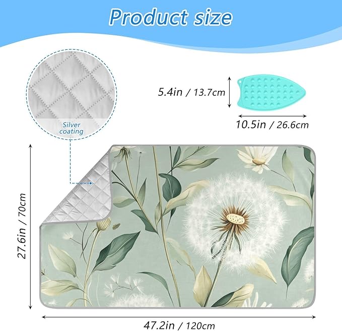 Ironing Mat &Pad Magnetic Heat Resistant Pads Portable Travel Ironing Blanket Ironing Board Covers 27.6x47.2Inches Sage Green Dandelions17