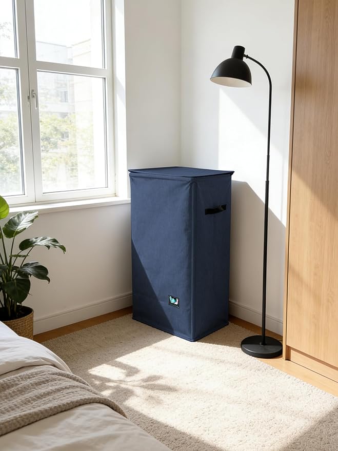 Laundry Hamper with Lid, Reinforced Sturdy Clothes Hamper with Anti-Puncture Base, Large Collapsible Laundry Basket with Removable Liner Bag, Tall Dirty Clothes Bin for Family, 100L Navy Blue