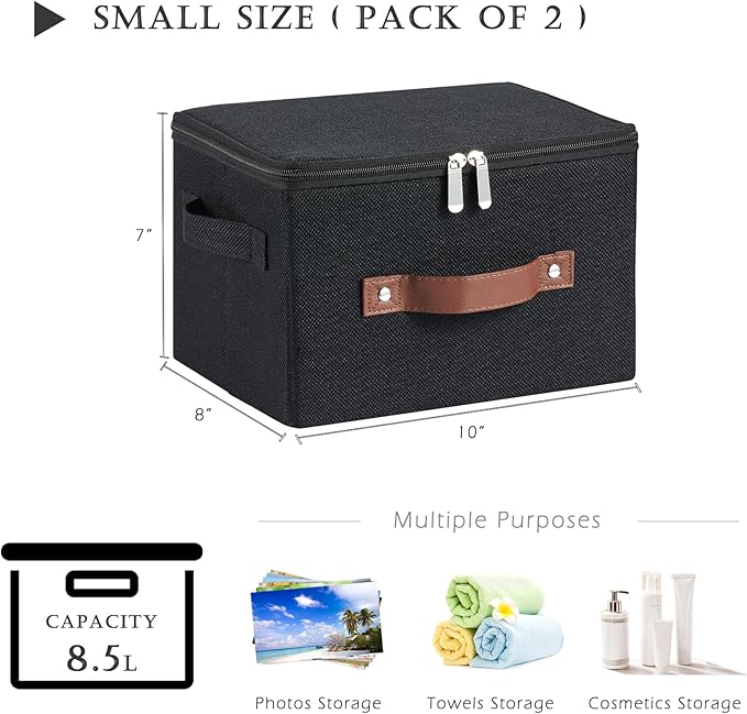 2 Pack Storage Bins with Zipper Lid Cotton Linen Fabric Lidded Storage Baskets Boxes Foldable Washable Closet Shelf Clothes Organizer Container with PU Leather Handles (Black, Small Size)