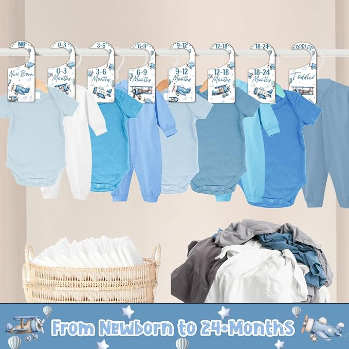 Baby Closet Dividers 8PCS, Airplane Themed Wooden Double-Sided Clothes Size Hanger/Organizer from Newborn to Toddler for Nursery Decor Baby Shower Birthday Gender Reveal Party Gift
