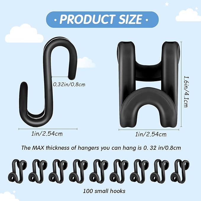 Unittype 100 Pcs Black Plastic Heavy Duty Clothes Hanger Connector Hooks, Space Saving, Cascading