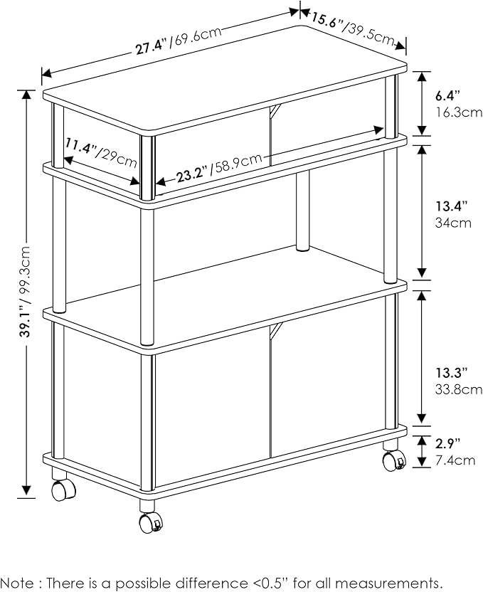 Furinno Turn-N-Tube Kitchen Storage Cart with Cabinet with Lockable Wheels, Americano/Black