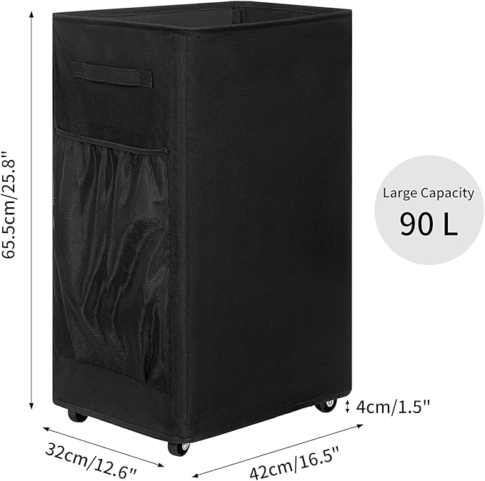 Chrislley 90L Rolling Laundry Basket Large Laundry Hamper with Wheels Collapsible Clothes Hamper Rolling Tall Laundry Storage Cart Foldable Clothes Organizer (Black)