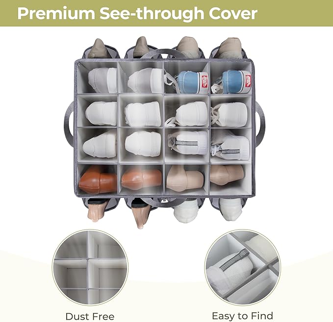 Shoe Organizer for Closet, Shoe Storage Solution with Clear Cover & Adjustable Dividers, Fabric Shoe Box Fits 16 +8 Pairs Shoes, Grey, 1-Pack
