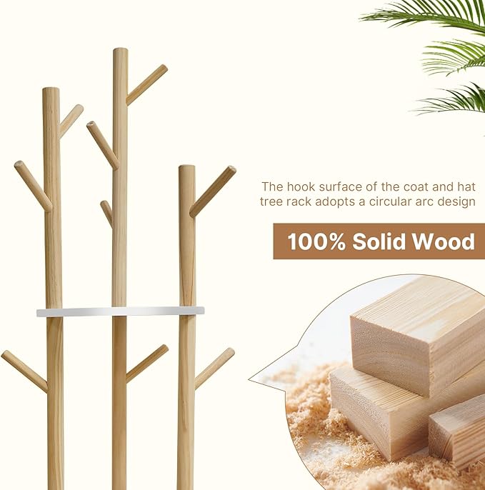 LIWSHWZ Solid Wood Coat Rack Freestanding,Coat Hanger Stand with 3 Shelves and 9 Hooks,Hall Tree for Bedroom, Entryway, Livingroom, Coat Hanger Stand for Coats, Scarves, Handbags