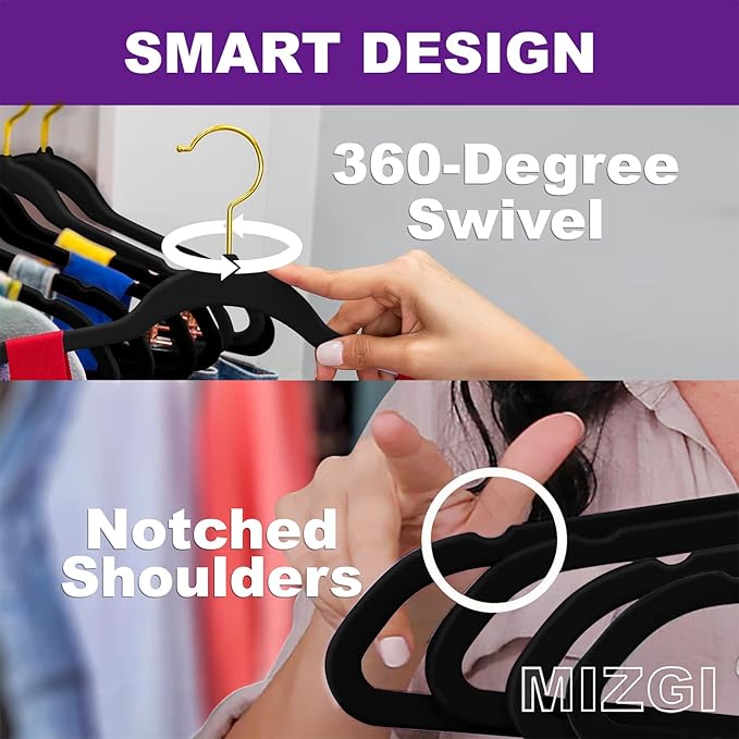 MIZGI Premium Velvet Hangers Pack 40 Pcs Heavy Duty - Non Slip Felt Hangers - Velvet Suit Hangers Black with Gold Hooks,Space Saving Clothes Hangers