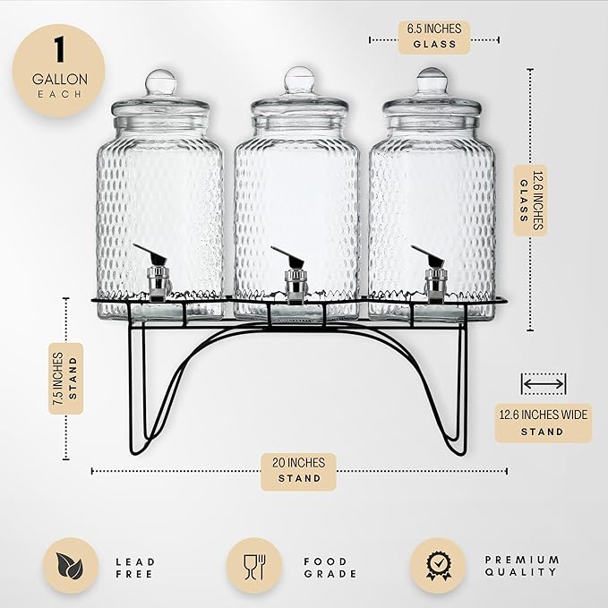 MosJos Drink Dispenser Set of 3 - Beverage Dispenser with Stand - Glass Drink Dispensers for Lemonade, Juice, Water, Iced Tea, Punch - 1-Gallon Countertop Party Drink Dispensers