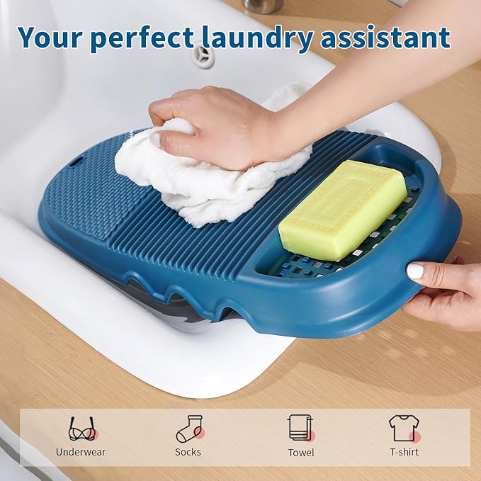 Portable Hand Wash Board with Soap Holder - Durable Plastic Laundry Scrubboard, Compact Clothes Cleaning Tool for Home, School, Dormitory & Travel - Blue