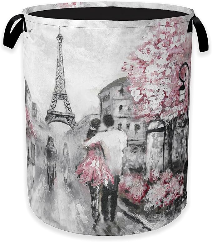 Laundry Hamper,Eiffel Tower Laundry Basket,Pink Flowers Portable Collapsible Laundry Room Organization Storage for Dorm Room,Nursery,Bathroom,Bedroom,16x20 Inch