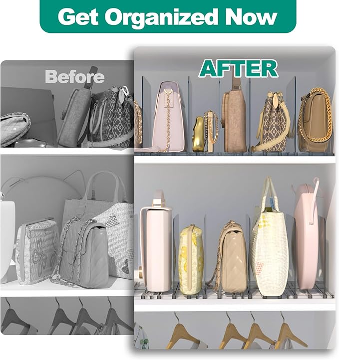 Purse Organizer for Closet, 6 Pack Adjustable Purse Holder for Closet, Plastic Shelf Dividers for Organization, Clear Handbag Clutch Bag Book Storage Organizer in Bedroom, Office
