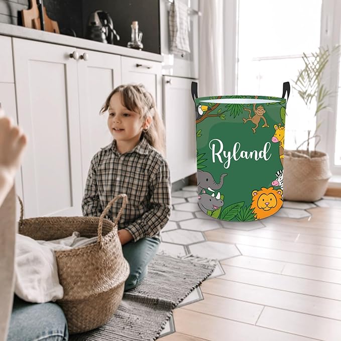 Personalized Baby Boys Laundry Basket with Name, Custom Name Safari Animals Laundry Hamper for Girls Adults, Customize Baby Dirty Clothes Basket with Name and Handles