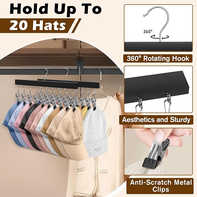 2 Pack Hat Organizer for Baseball Caps with 10 Stainless Steel Clips, Wooden Baseball Cap Organizer, Fits All Caps, Black