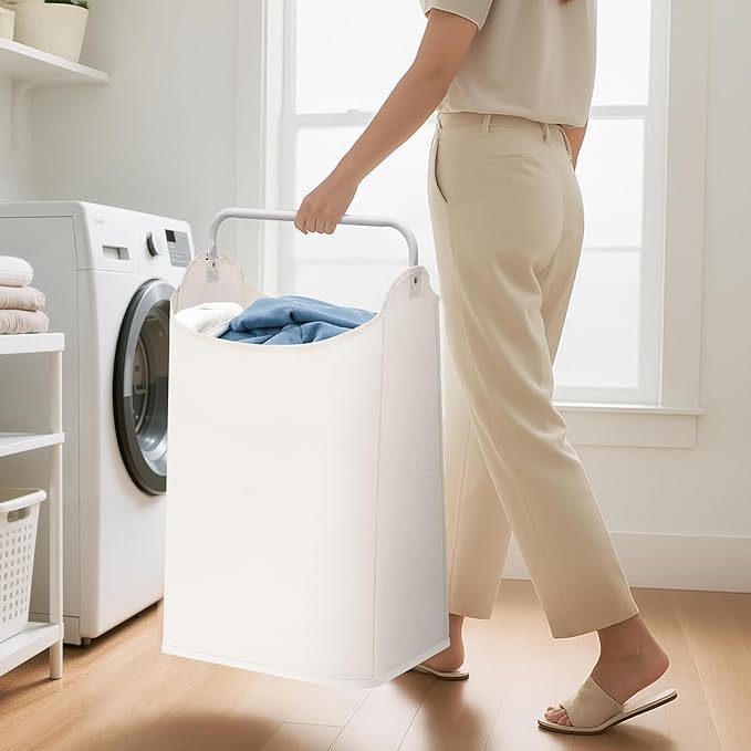 STORAGE MANIAC Large Laundry Hamper with Sturdy Metal Handle, Collapsible Laundry Basket, Freestanding Waterproof Clothes Hamper for Laundry Room, Bedroom, Dorm, Towels, Toys, White