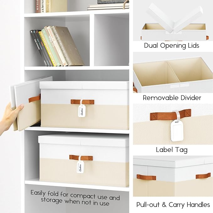 Extra Large Storage Bins - 1 Pack Closet Storage Boxes with Double-Open Lid & Divider Board, Stackable Colthes Storage Organizer, Fabric Basket with Label Tag for Home, Laundry