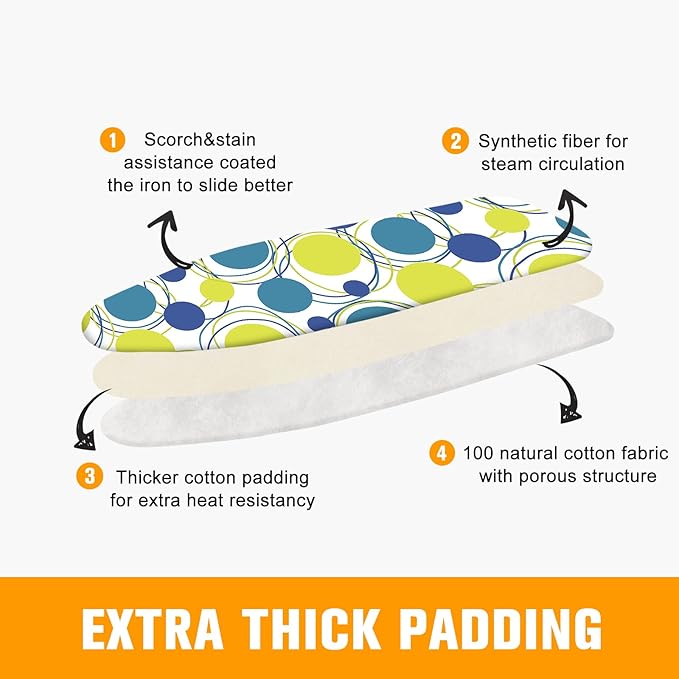 Ironing Board Cover and Pad, Standard Size 15" x 54" Iron Board Replacement Cover, 4 Layers Extra Thick Iron Board Cover Resist Scorching and Staining with Elastic Edge and 2 Fastener Straps