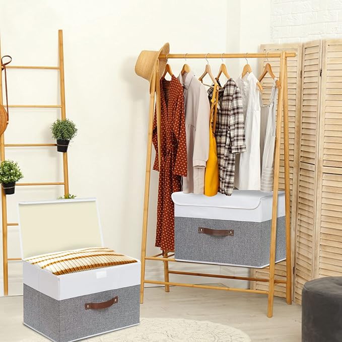 Yawinhe Collapsible Storage Bin, Cube Organizer Basket, Fabric Box with Lids, Washable and Leather Handle, for Home, Closet, White/Grey, 13.0''Lx9.0''Wx7.9''H, 3-Pack, SNK024WGS-3