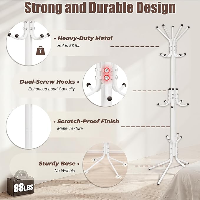 Metal Coat Rack, Freestanding Coat Tree & Hall Tree with 15 Hooks, Sturdy Coat Rack Stand and Hat Rack, Coat Hanger for Entryway, Bedroom, Office for Jackets, Hats, Bags,White