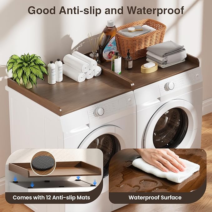 Washer Dryer Countertop Set of 2, 54.34" L x 27.56" W x 2.76" H Laundry Topper for Washer and Dryer, Wood Laundry Countertop with Anti-Slip Pads & Edge Rails for Laundry Room Organization (Dark Wood)