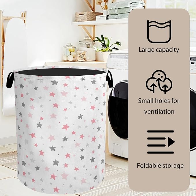 Cute Pink Stars Foldable Canvas Laundry Basket with Handles - Toy Organizer, Heavy Duty for Home，Bedroom, Dorm, Bathroom