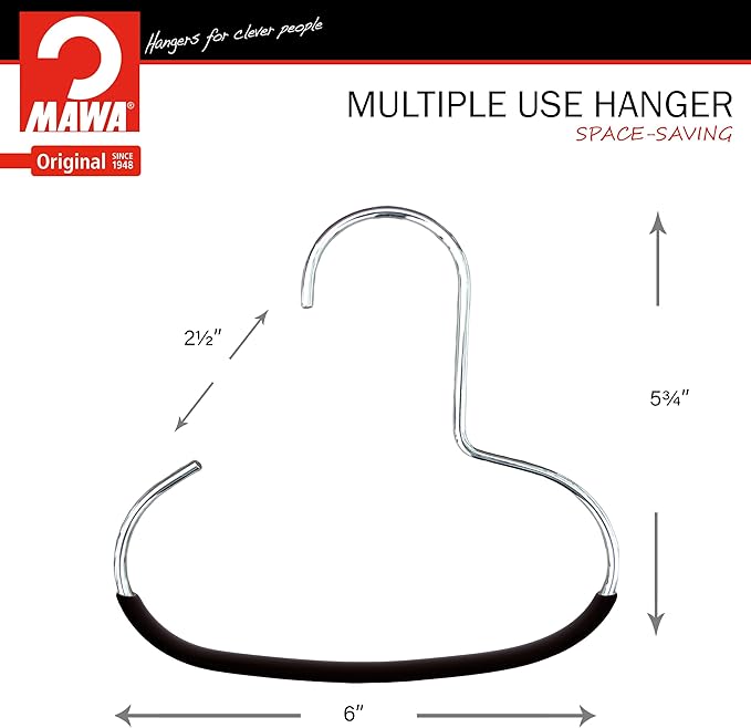 Mawa Scarf, Shawl, Belt, and Accessory Organizer, Non-Toxic Metal Hanger with Grip Coating, Easy Access Open Hook, Model G-1 Space Saving Design, Set of 2, Black
