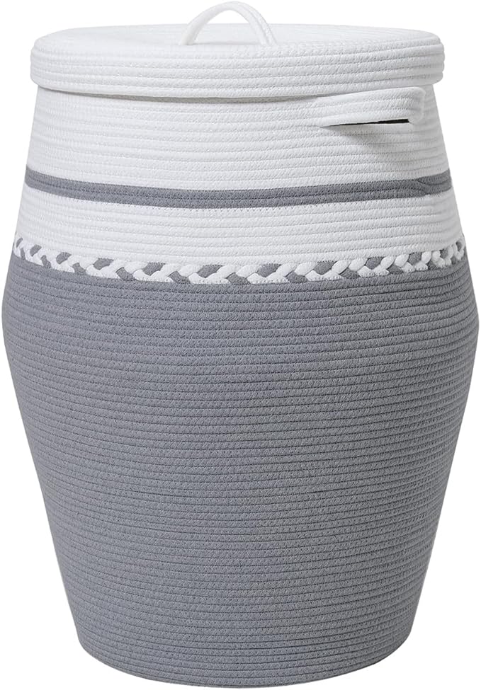 26" x 20" Handcrafted Tall Cotton Rope Basket with Lid, Stylish Flagon Shape with Cover, Clothes Hamper with Top, for Bedroom and Living Room, White/Grey