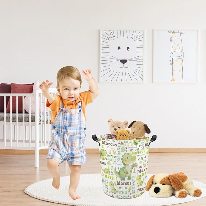 Dinosaurs Laundry Basket,Personalized Laundry Hamper for Boys Girls,Custom Laundry Basket With Name, Customized Dirty Clothes Hamper for Bathroom Bedrooms,S-16.5"X 13.8"