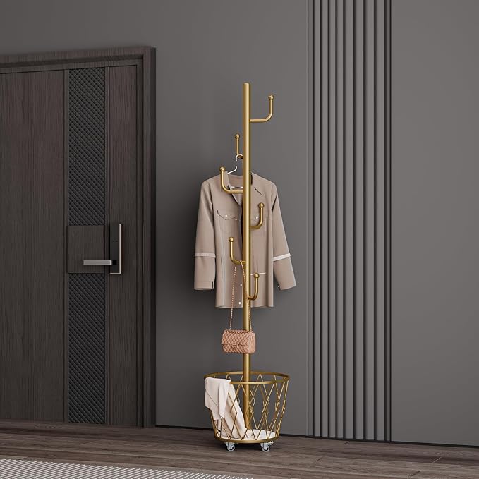 SYO Portable single-pole coat rack with 6 hooks and storage basket; floor-standing coat rack for bedroom and hallway; casters for easy movement; modern minimalist design.