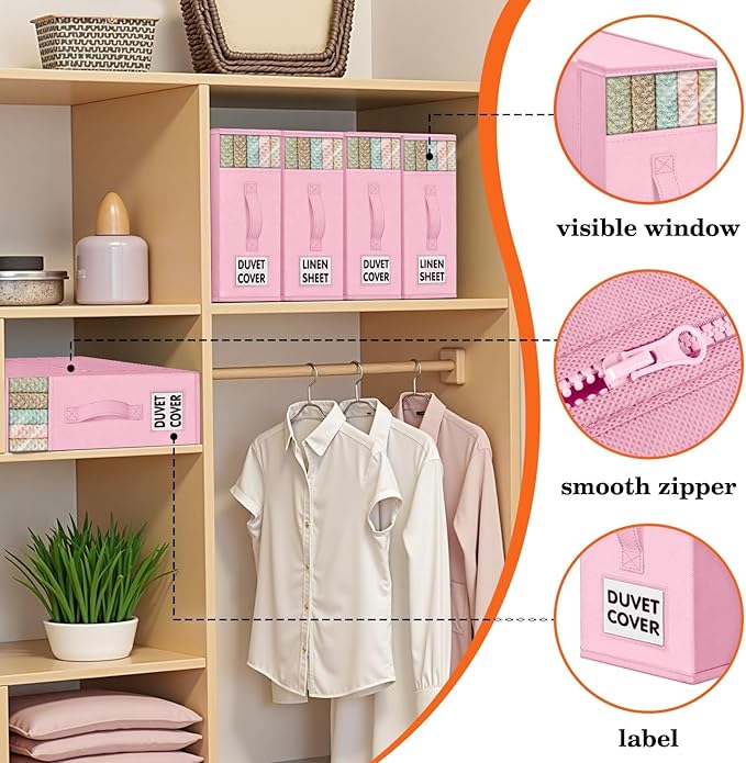 WOWBOX Sheet Organizers and Storage,Closet Bed Sheet Organizer Under Bed Storage and Organization with Label Cards & Clear Window for Bedding Sheets,Duvet Covers,Blankets (6 Pack，Pink)