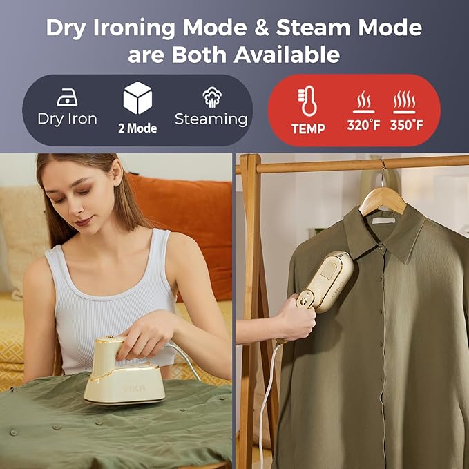YIKA Steamer for Clothes, Handheld 2-in-1 Garment Steam Iron, 25s Heat Up, Ceramic Soleplate, Dry Pressing & Steaming Fabric Wrinkle Remover for Clothing, Upholstery and All Fabrics