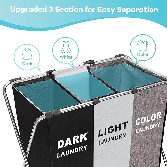 150L Laundry Cloth Hamper Sorter Basket Bin Foldable 3 Sections with stainless steel Frame Washing Storage Dirty Clothes Bag for Bathroom Bedroom Home Storage Basket (Black+Gray+Coffee)