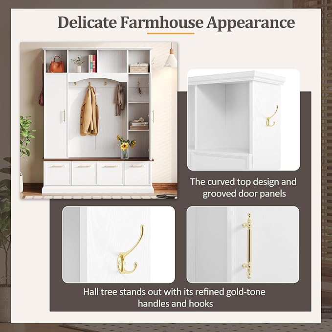 Versatile Hall Tree with Golden Hooks and 2 Doors, 5-in-1 Wood Coat Rack Entryway Shoe Cabinet with Bench& Adjustable Shelves, Functional 59'' Wide Hall Tree for Entrance Hallway (White-8.2)