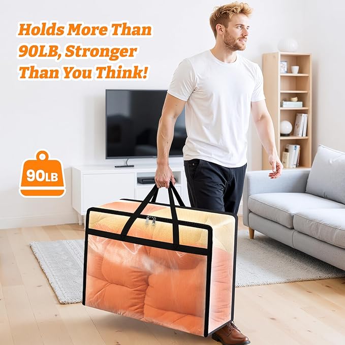 BlissTotes 6 Pack Clear Clothes Storage Bags, Moving Bags, Foldable Blanket Storage Under Bed Storage Containers with Sturdy Zipper and Handle for Clothing, Comforter, Bedding, Sheet (90L)