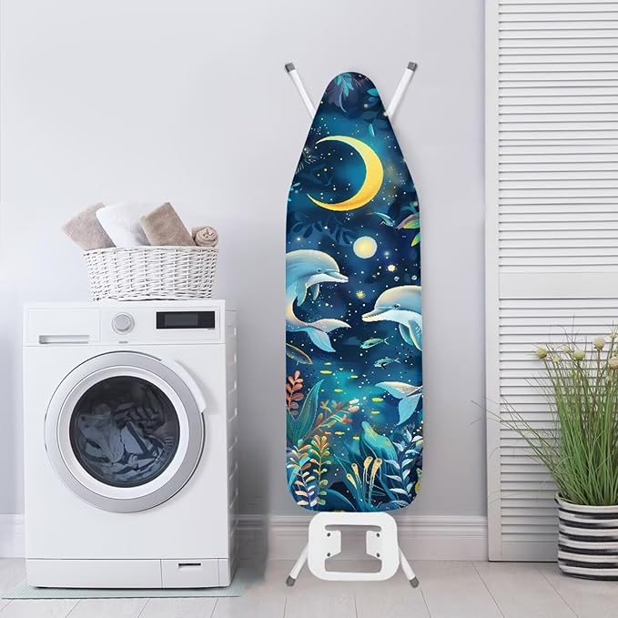 Dolphin Ironing Board Cover and Pad, Stain Resistant and Scorch, Smooth Iron, Easy Installation Ironing Board Cover with Moon