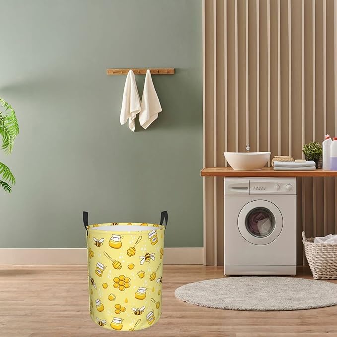 Dujiea Bees Honey Laundry Basket Round with Handle, Collapsible Foldable Canvas Storage Bin Dirty Clothes Bag for Laundry/Toys Organizer/College Dorm/Nursery/Decor(2 Sizes)